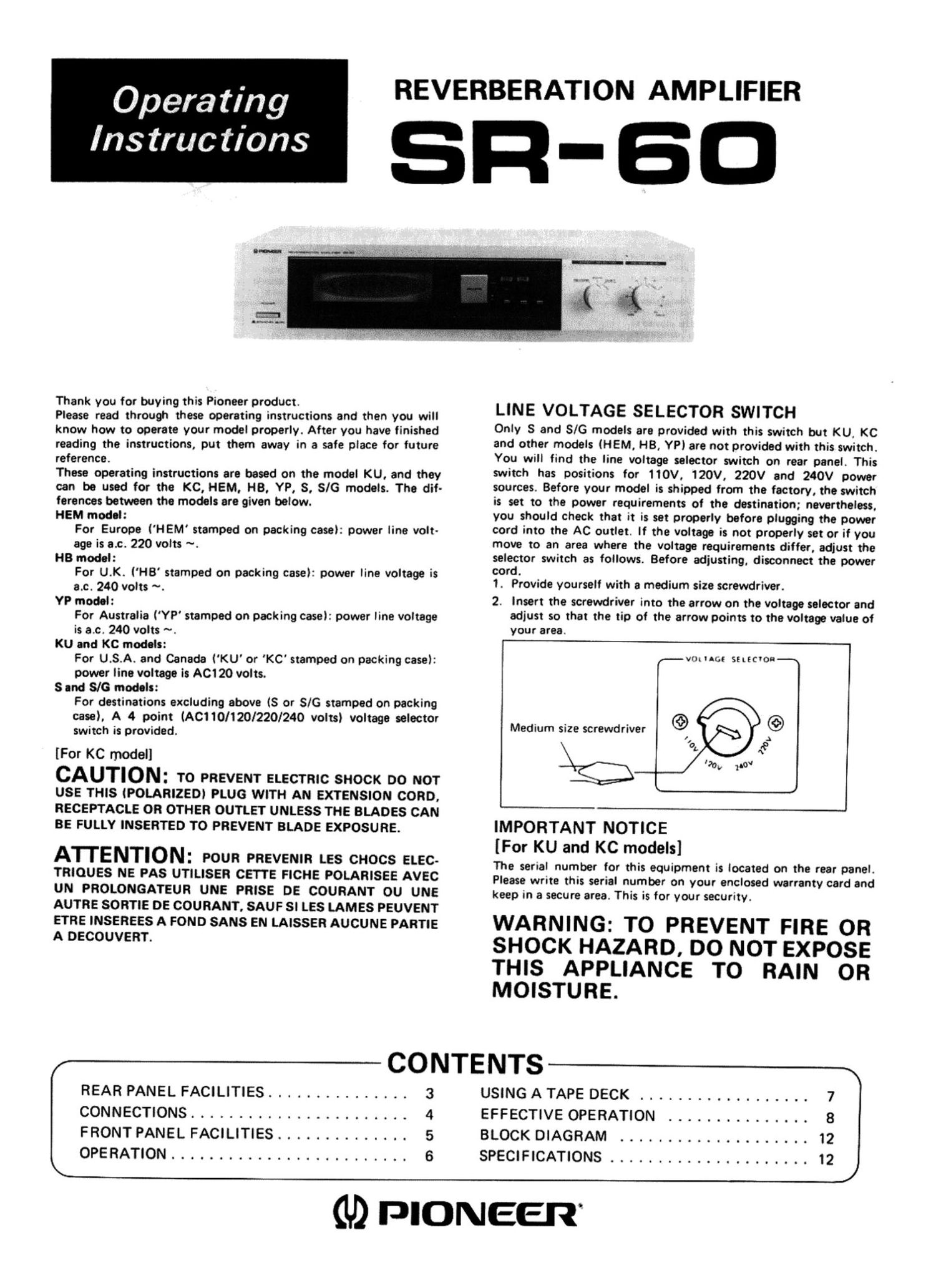 pioneer sr 60 owners manual