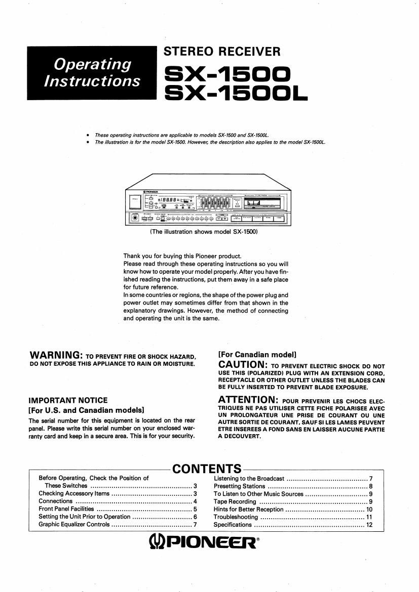 pioneer sx 1500 owners manual