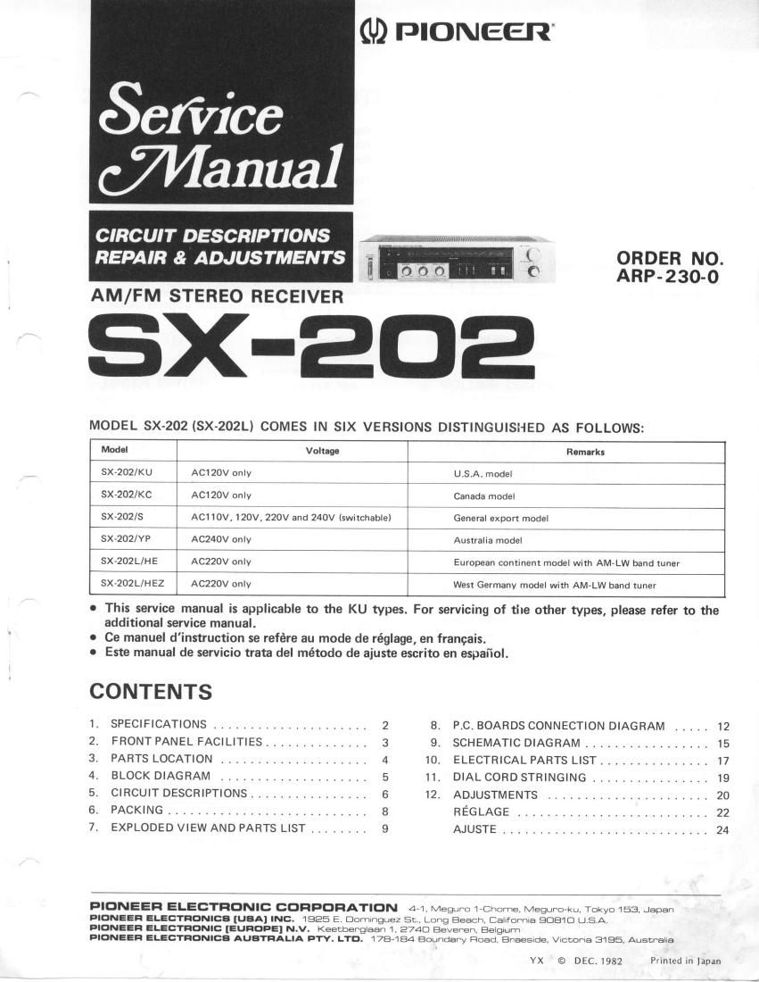 pioneer sx 202 service manual