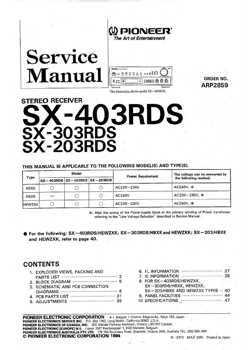 pioneer sx 203 rds service manual