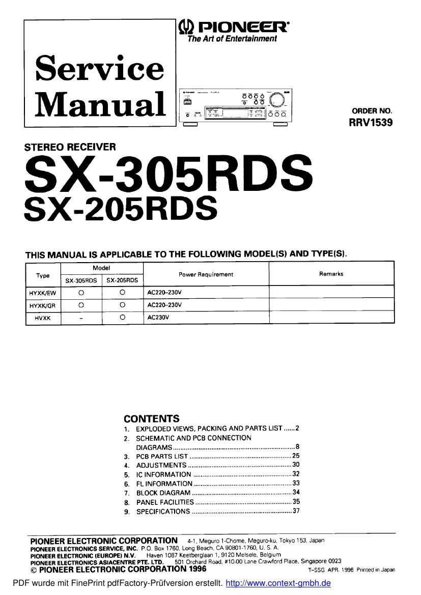 pioneer sx 205 rds service manual
