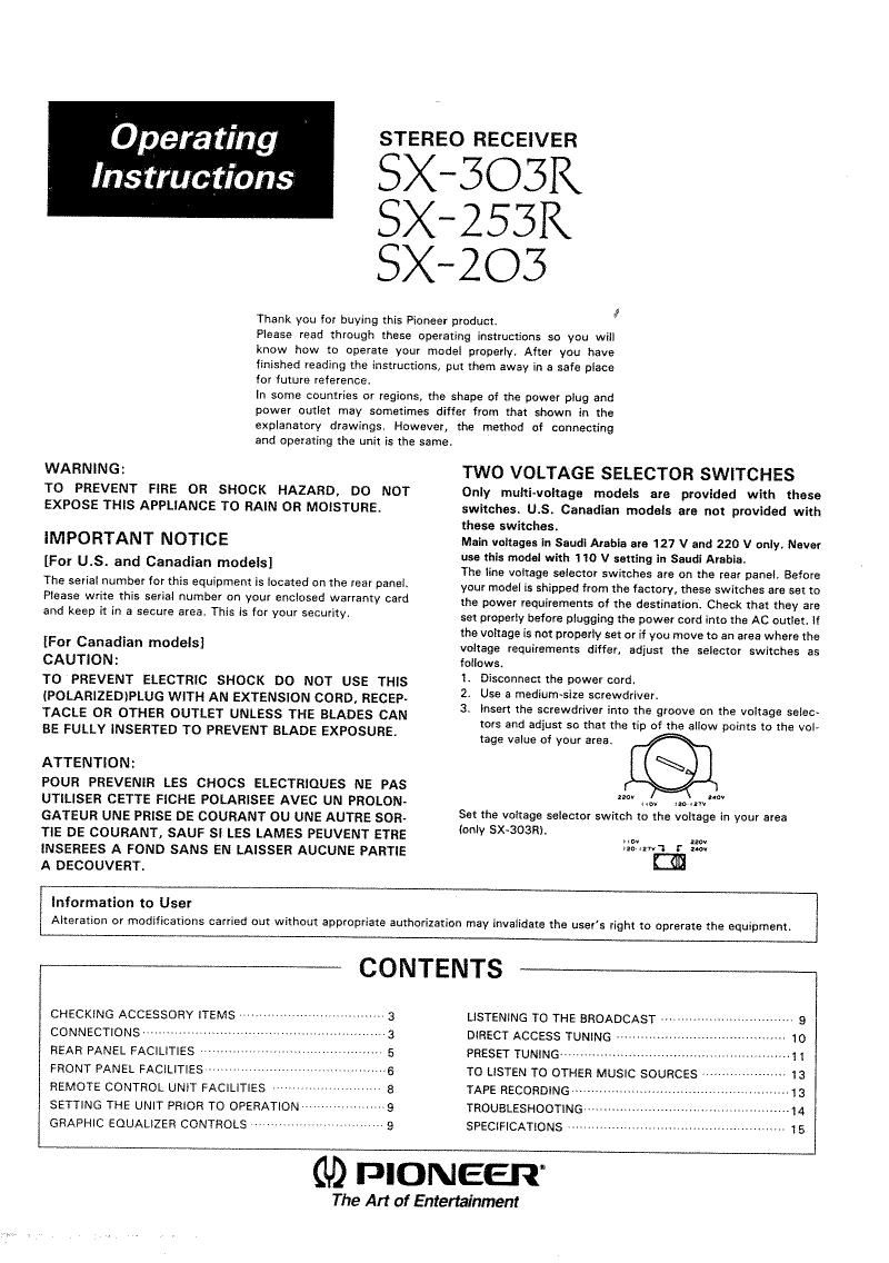 pioneer sx 253 r owners manual
