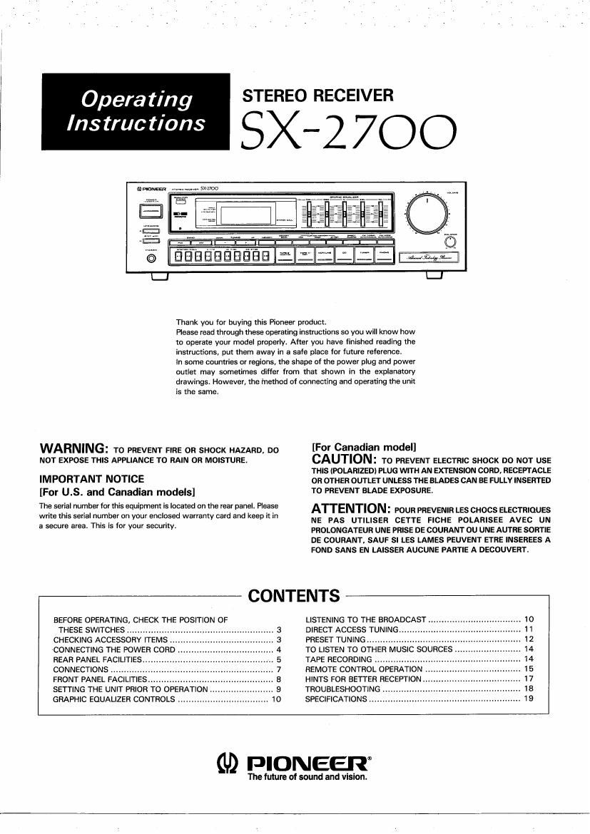 pioneer sx 2700 owners manual