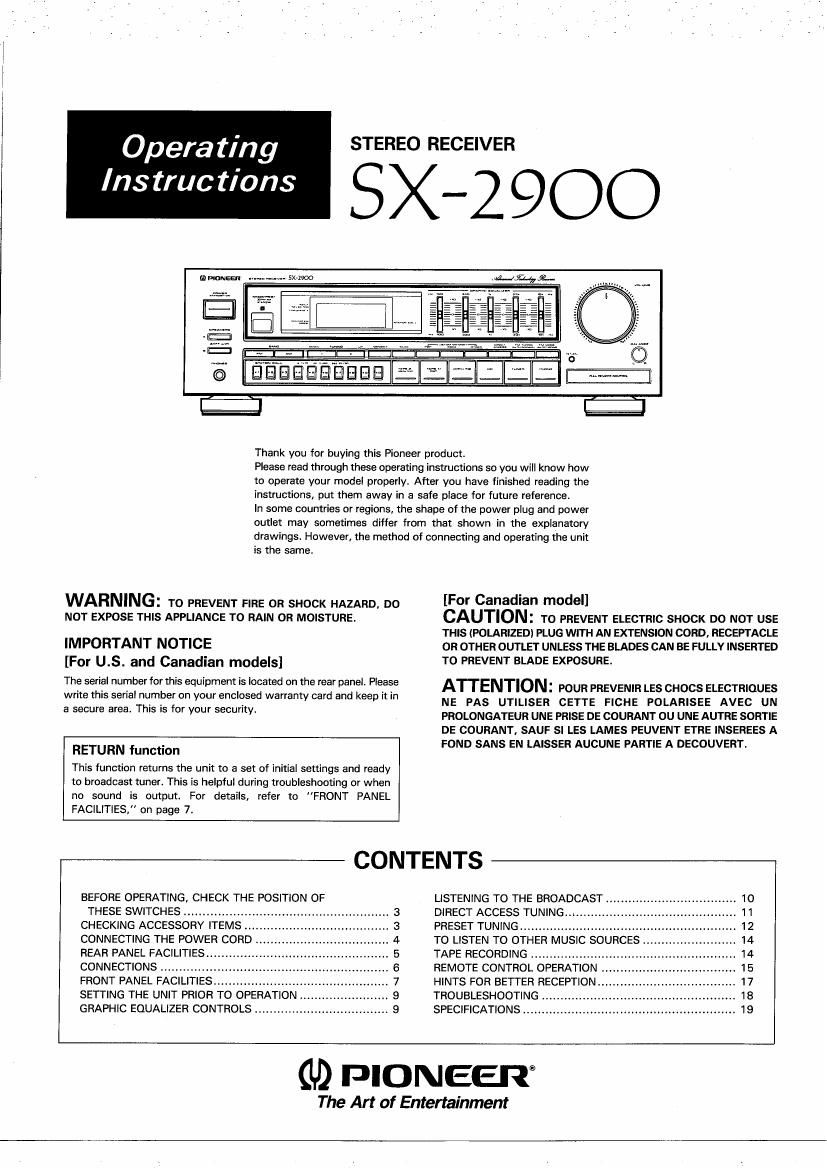 pioneer sx 2900 owners manual