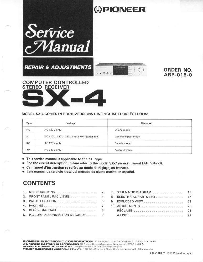 pioneer sx 4 service manual