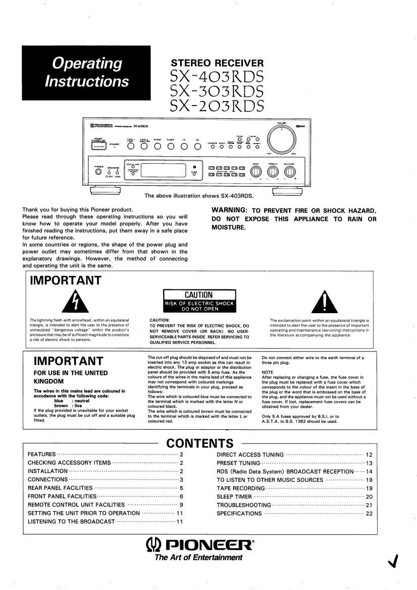 pioneer sx 403 rds owners manual