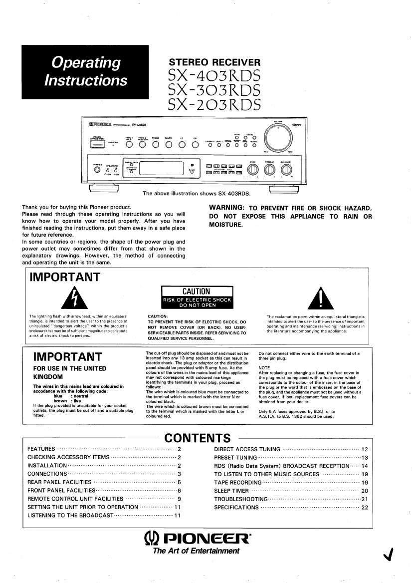 pioneer sx 403 rds owners manual