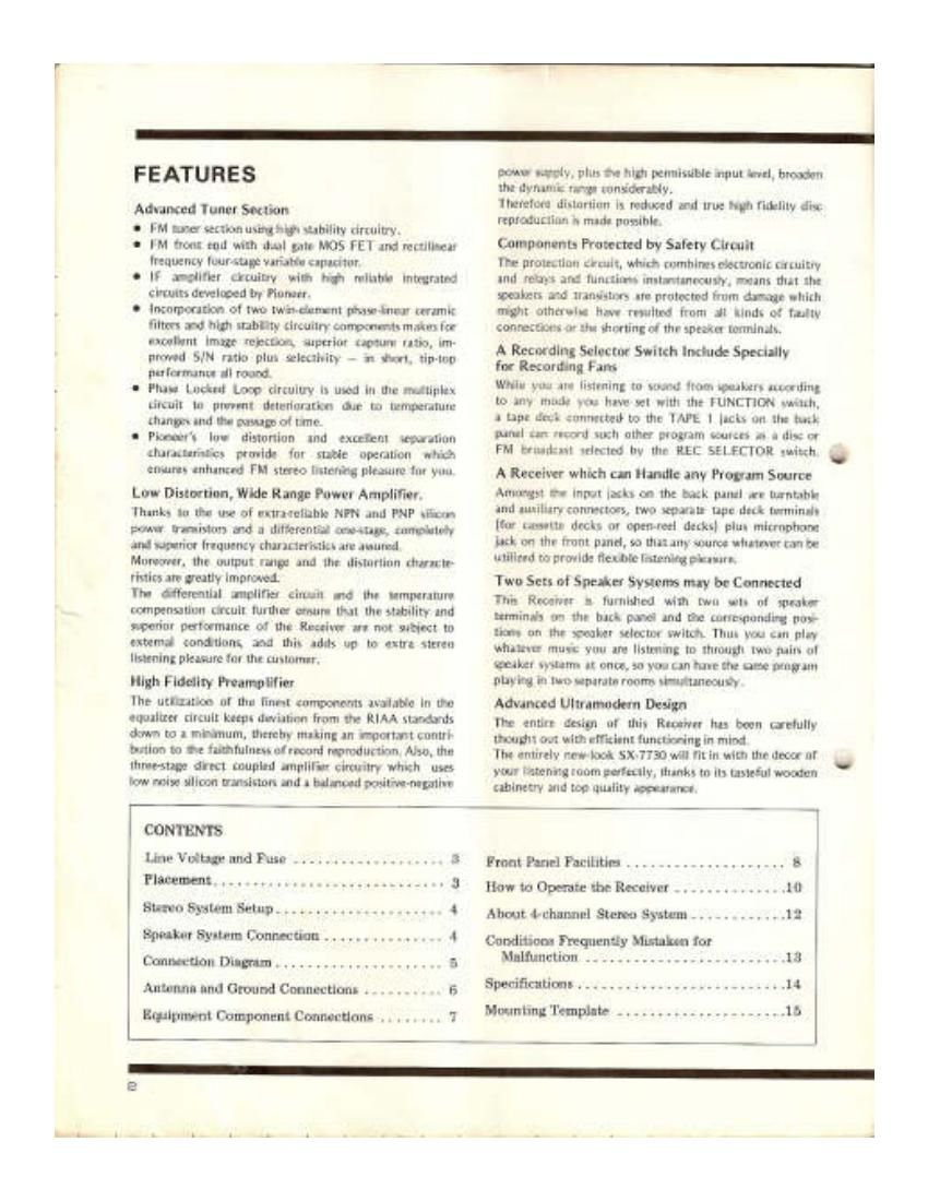 pioneer sx 7730 owners manual