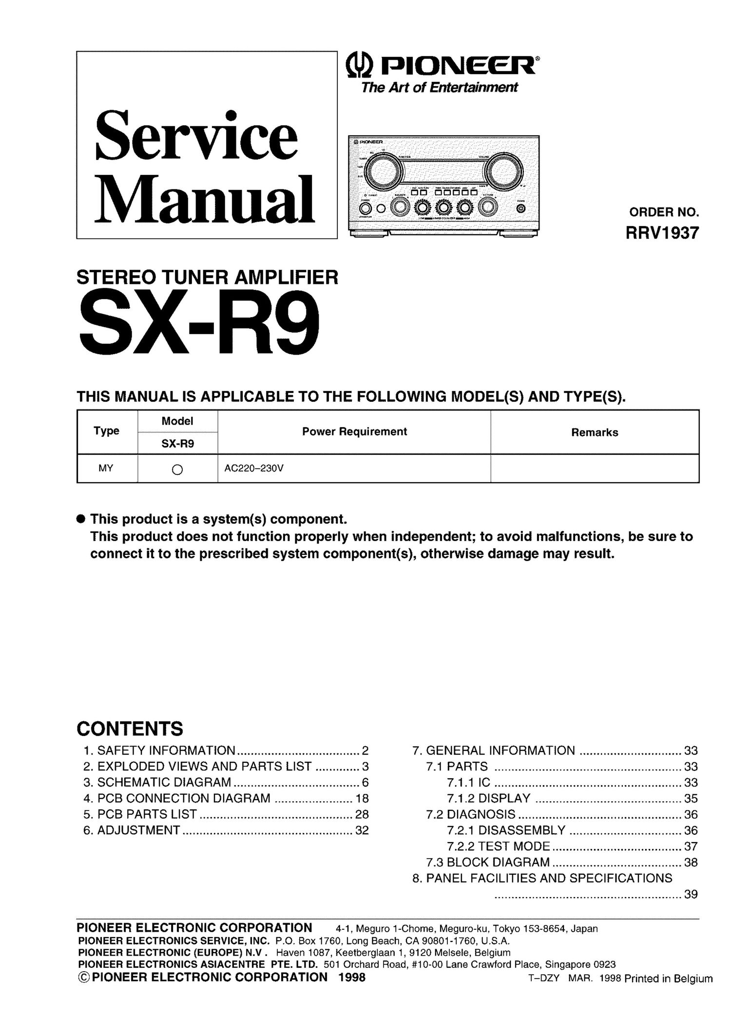 pioneer sxr 9 service manual