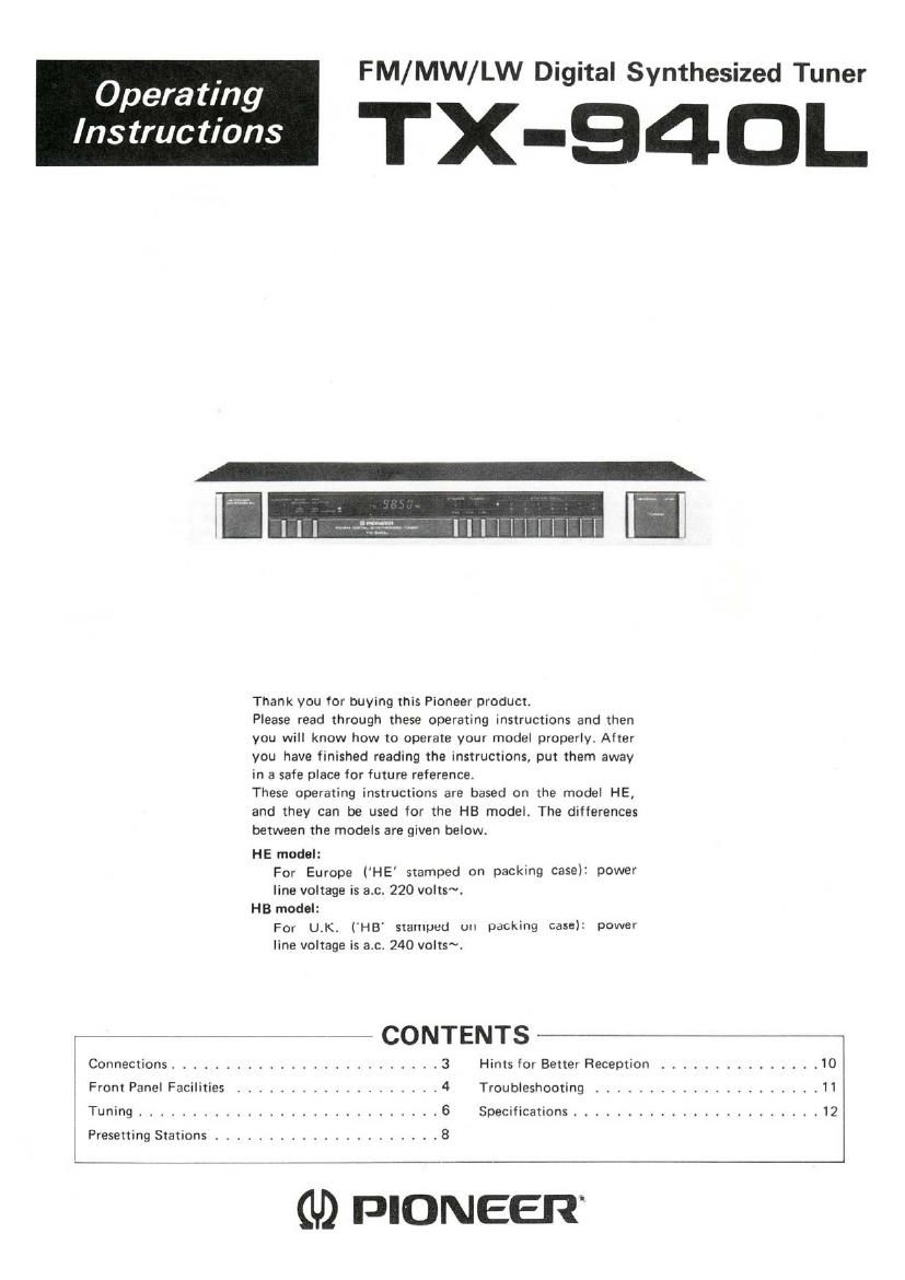 Pioneer TX 940L Owners Manual