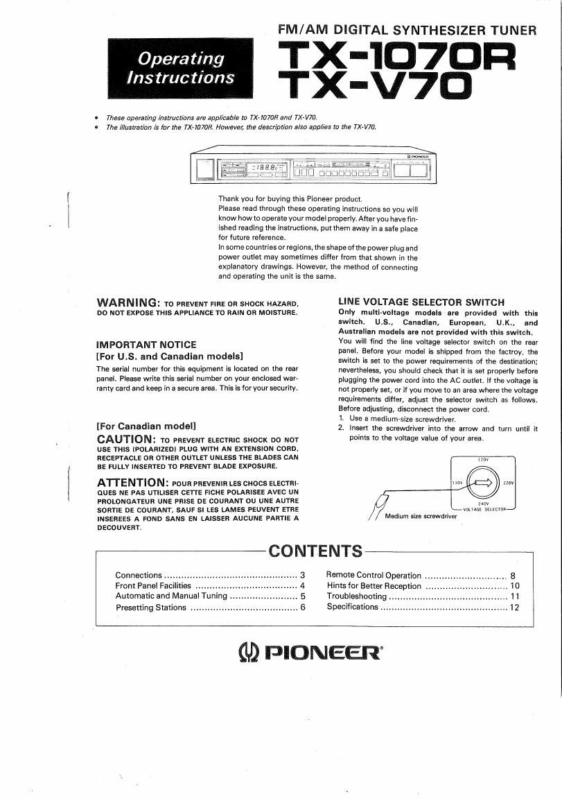 Pioneer TX V70 Owners Manual