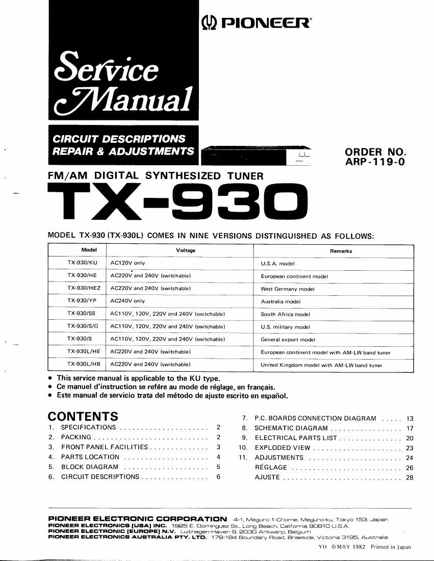 pioneer tx 930 service manual