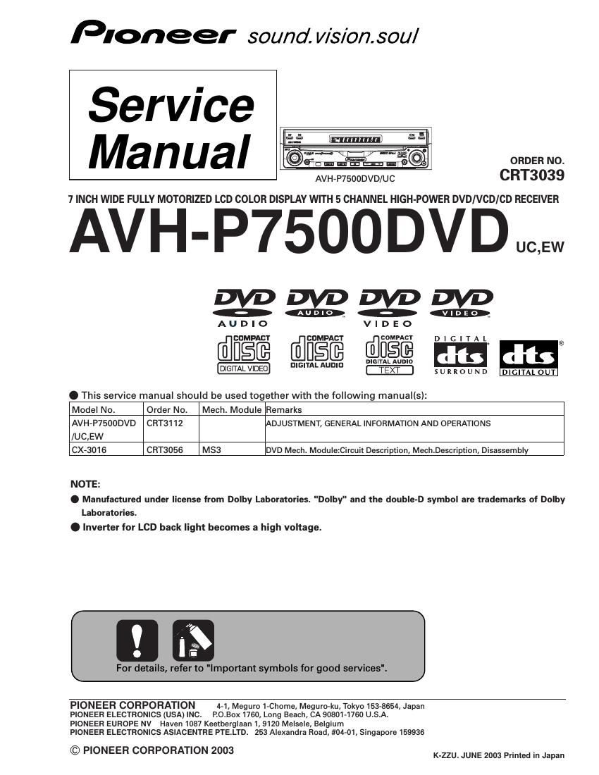 pioneer avhp 7500 dvd service manual