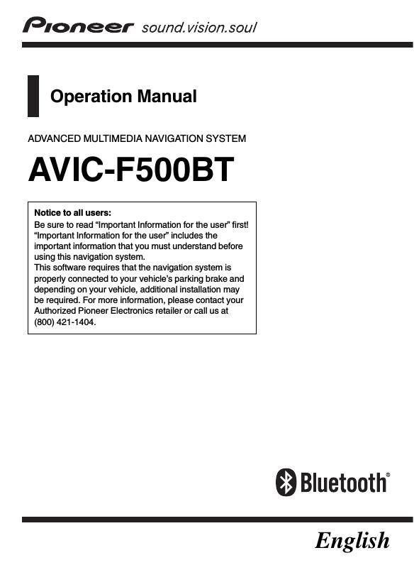 Pioneer AVIC F500BT Owners Manual