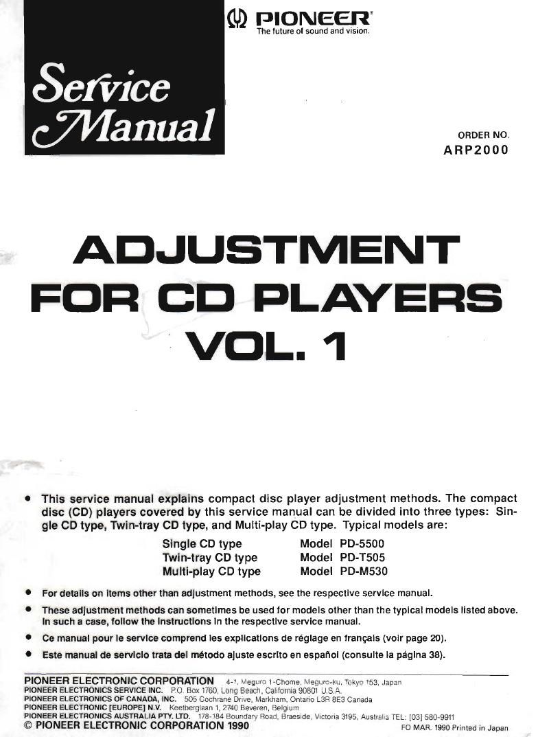 Pioneer Adjustment For CD Players Service Manual