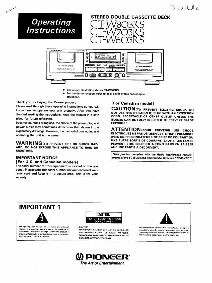 Pioneer ct w603RS Owners Manual