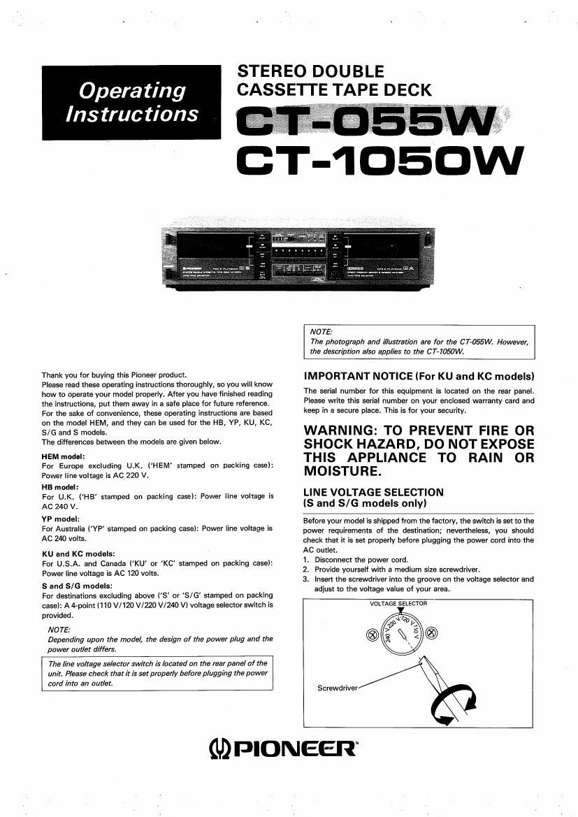 pioneer ct 055 w owners manual