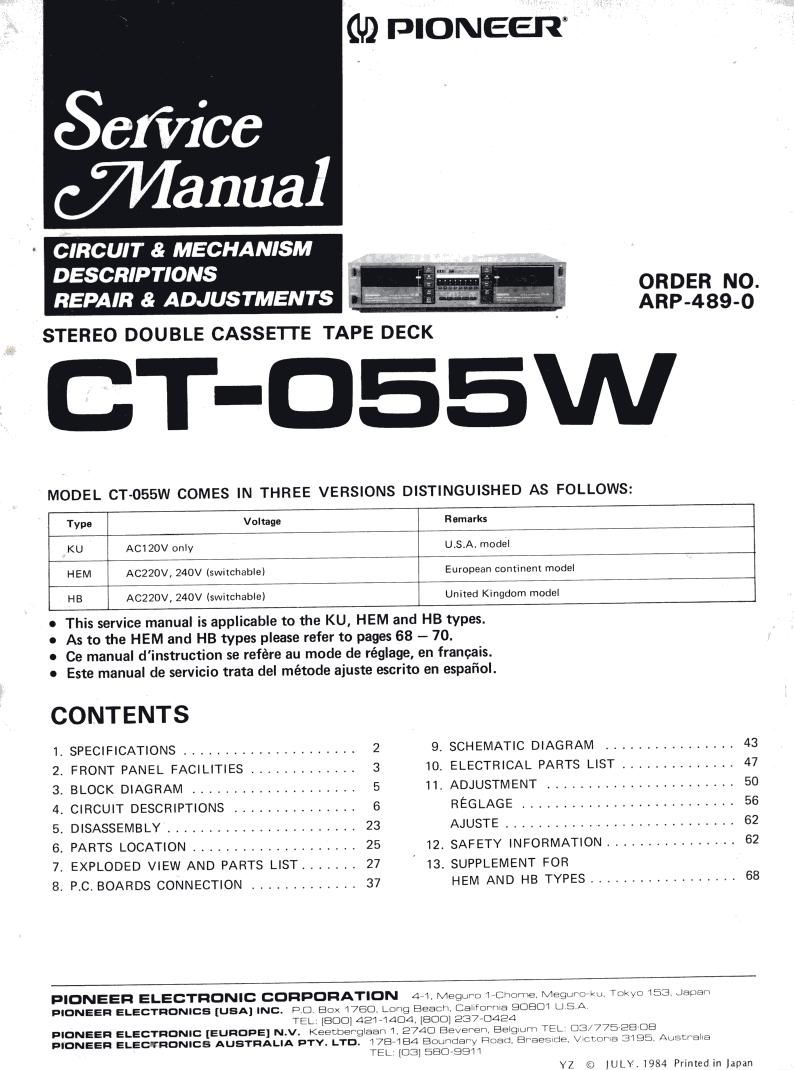 pioneer ct 055 w service manual