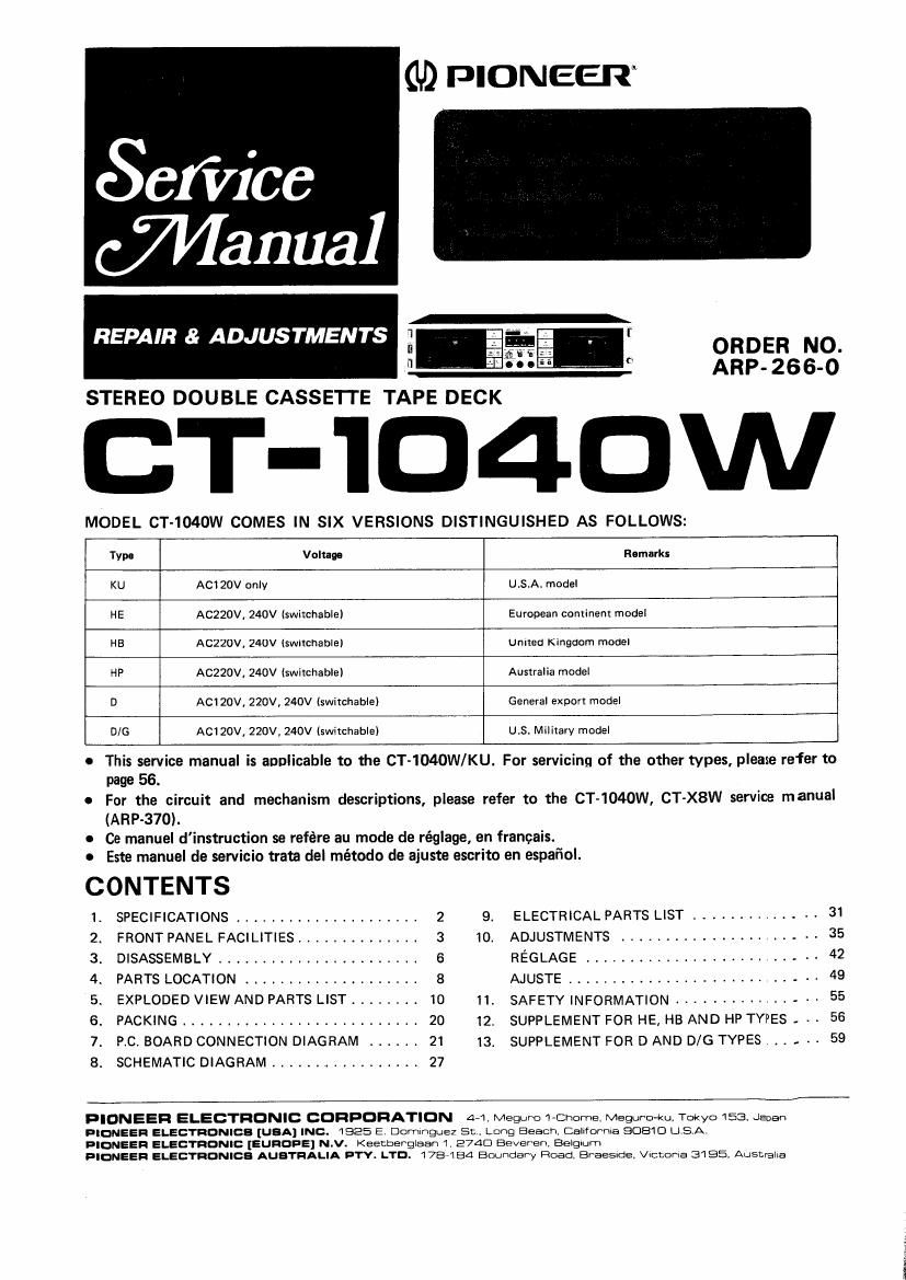 pioneer ct 1040 w service manual