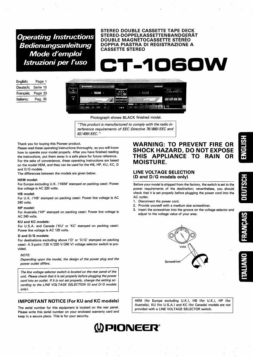 pioneer ct 1060 w owners manual