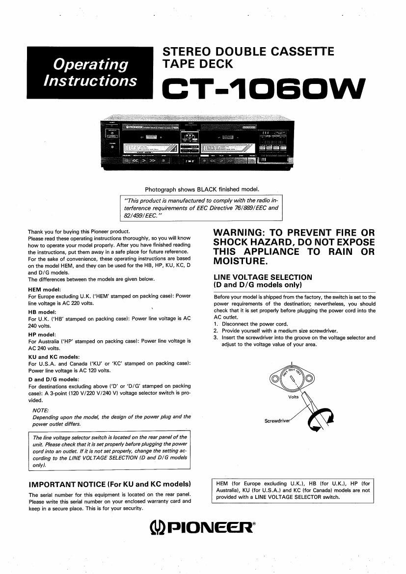 pioneer ct 1080 w owners manual