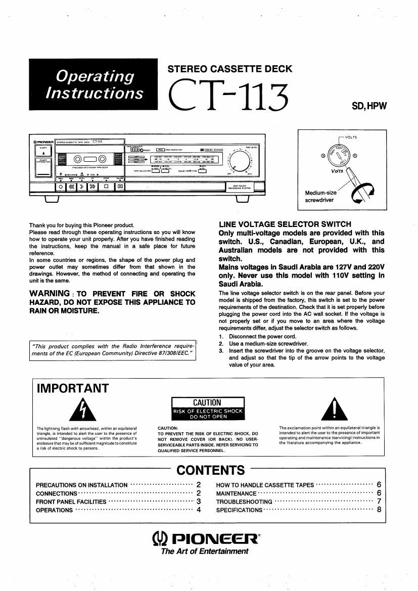 pioneer ct 113 owners manual