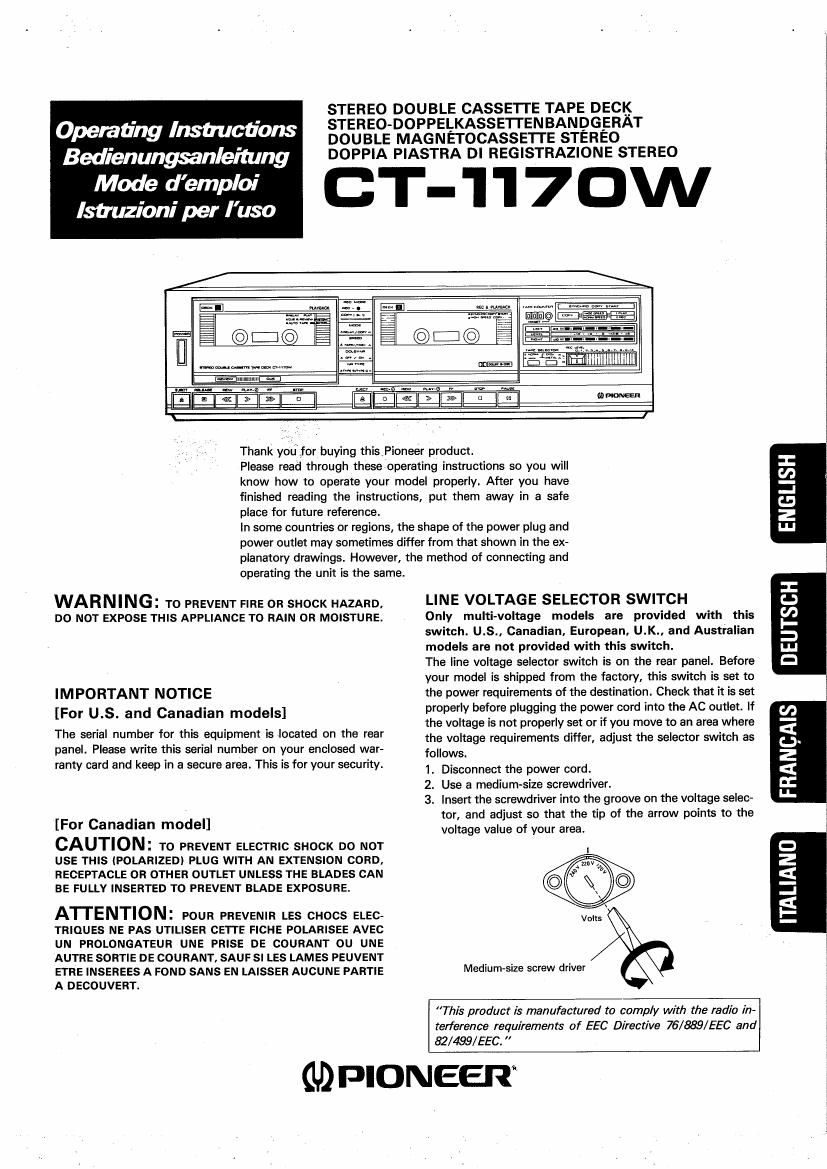 pioneer ct 1170 w owners manual