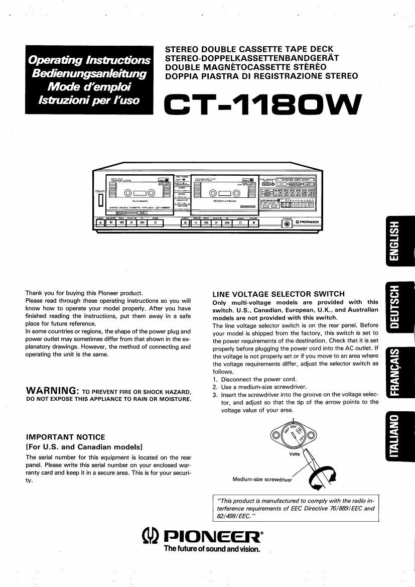 pioneer ct 1180 w owners manual
