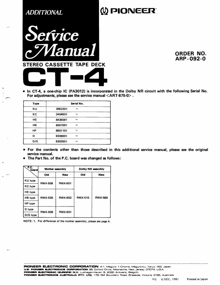 pioneer ct 4 service manual