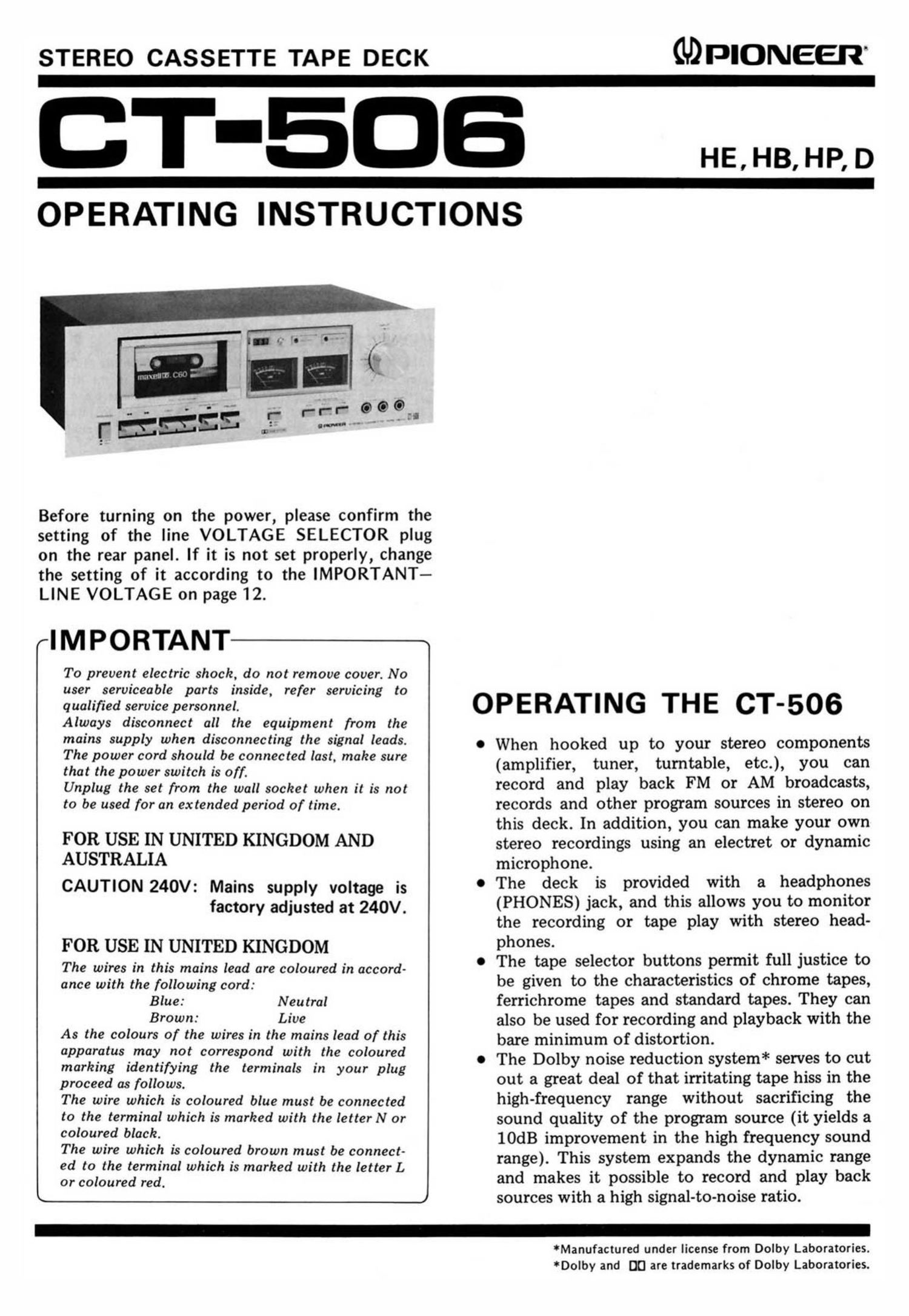 pioneer ct 506 owners manual