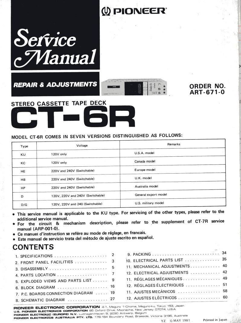 pioneer ct 6 r service manual