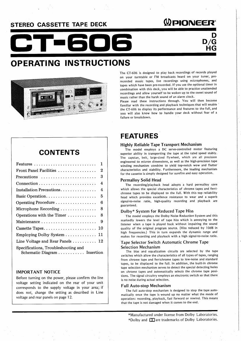 pioneer ct 606 owners manual