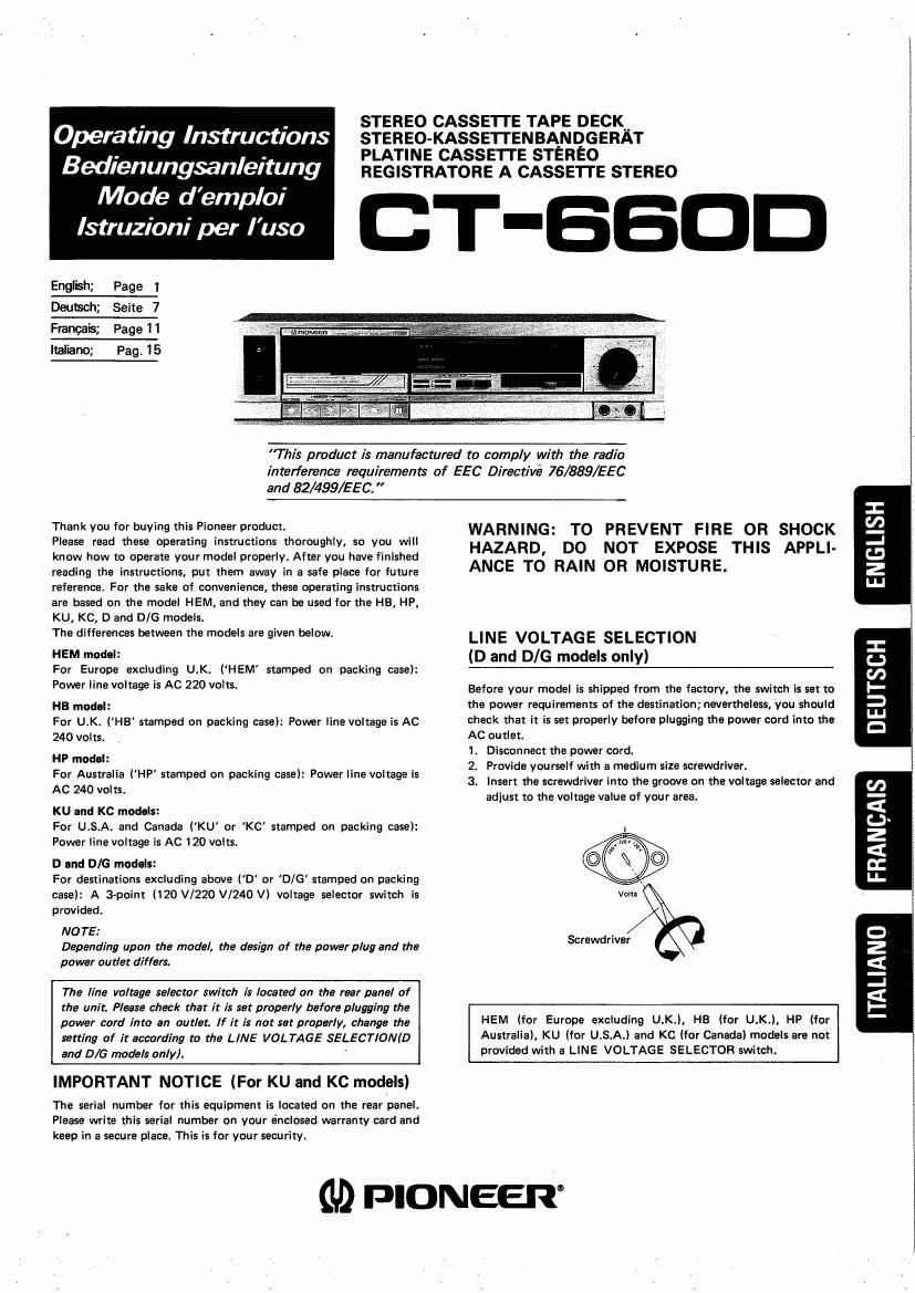 pioneer ct 660 d owners manual