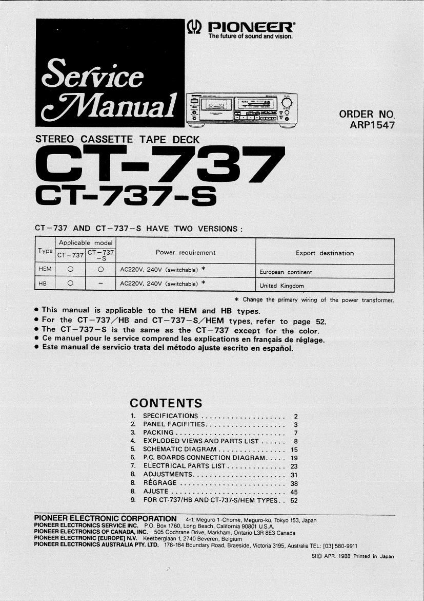 pioneer ct 737 s service manual