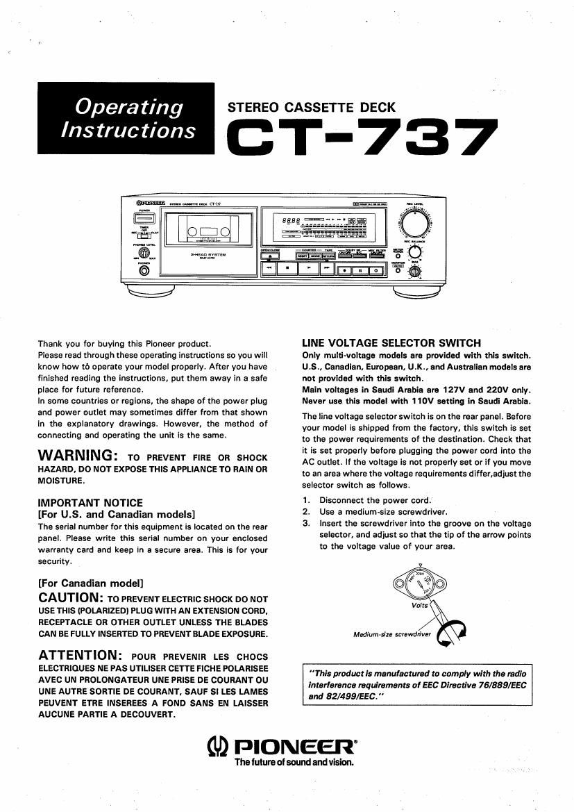 pioneer ct 737 owners manual