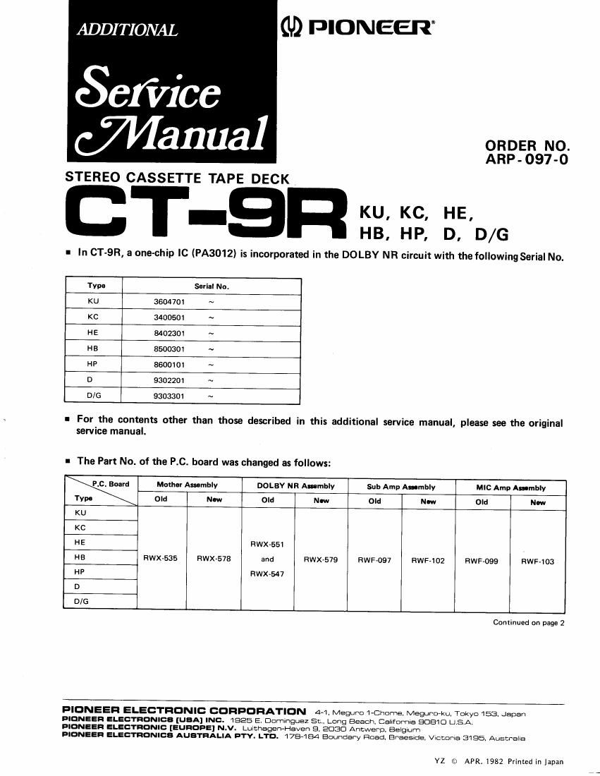 pioneer ct 9 r service manual