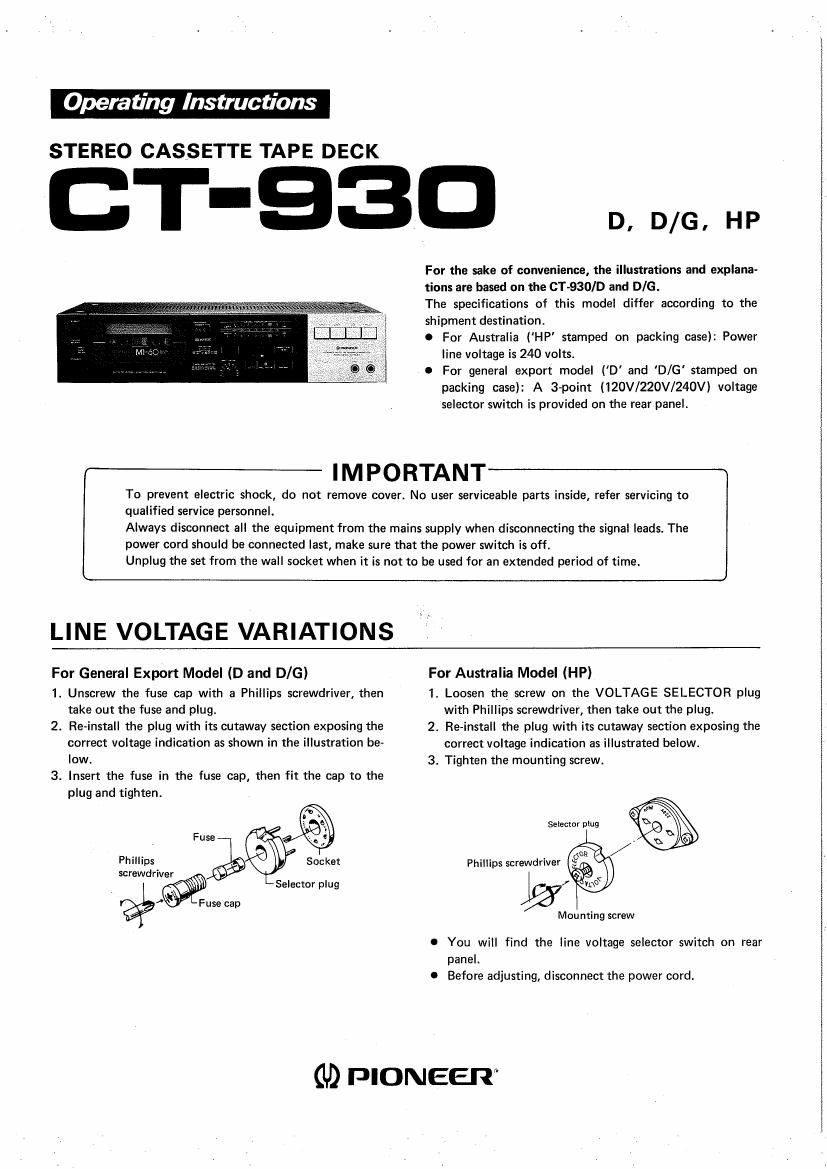 pioneer ct 930 owners manual