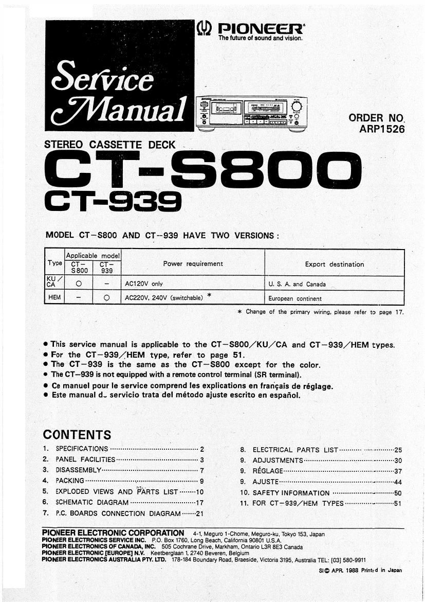 pioneer ct 939 service manual