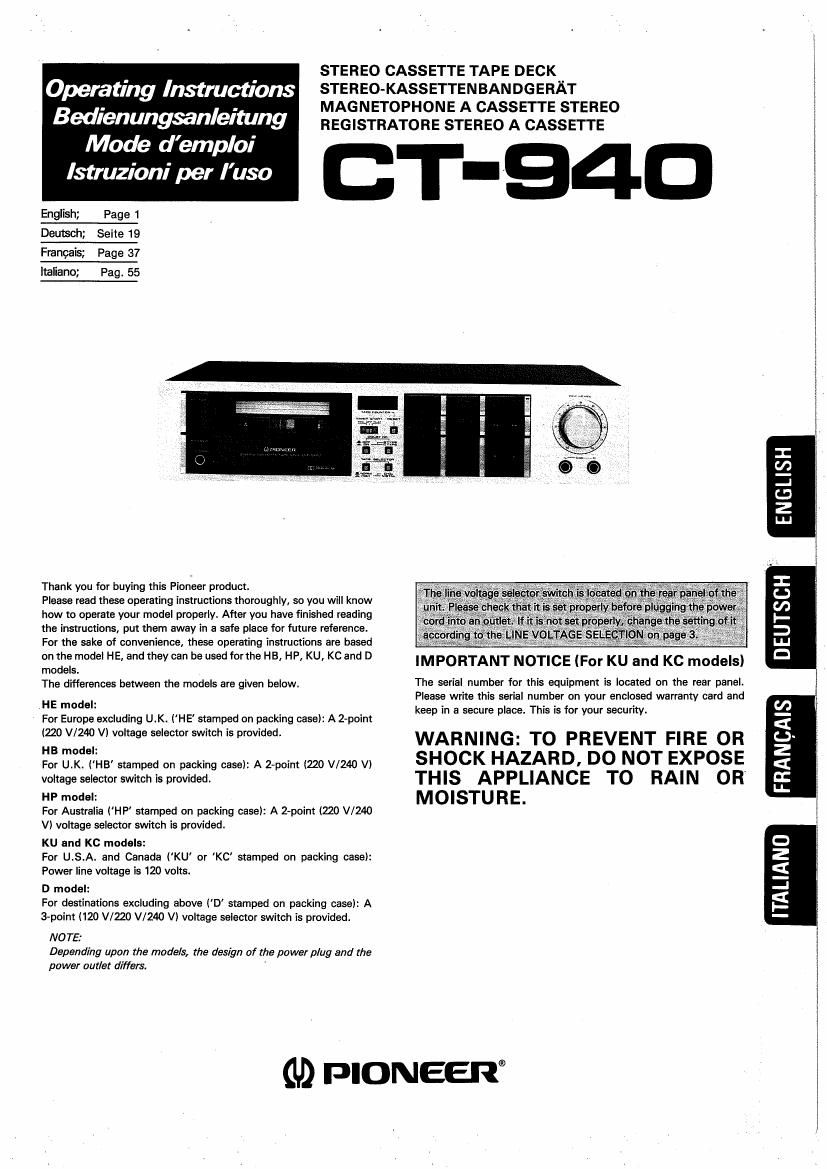 pioneer ct 940 owners manual