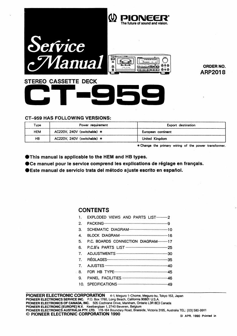 pioneer ct 959 service manual