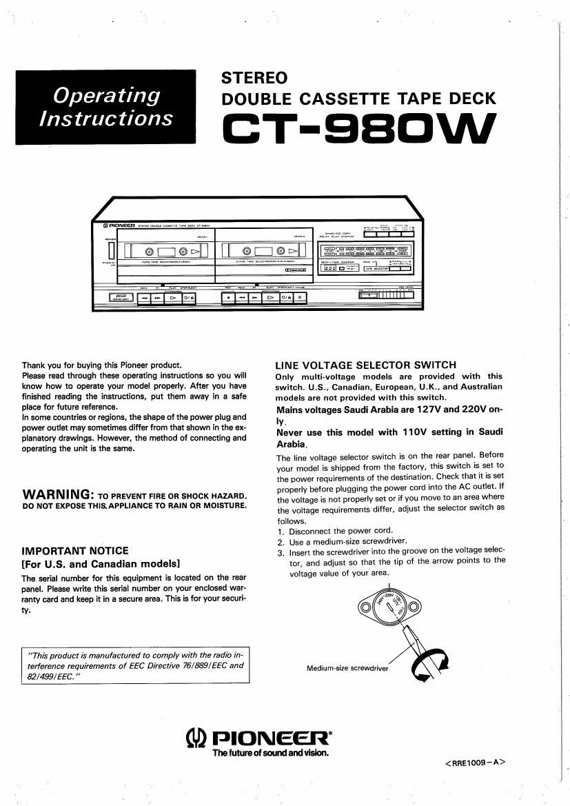 pioneer ct 980 w owners manual