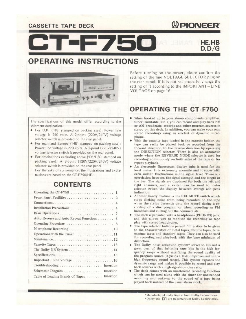 pioneer ctf 750 owners manual