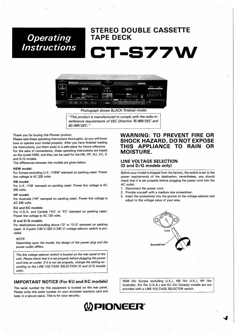 pioneer cts 77 w owners manual