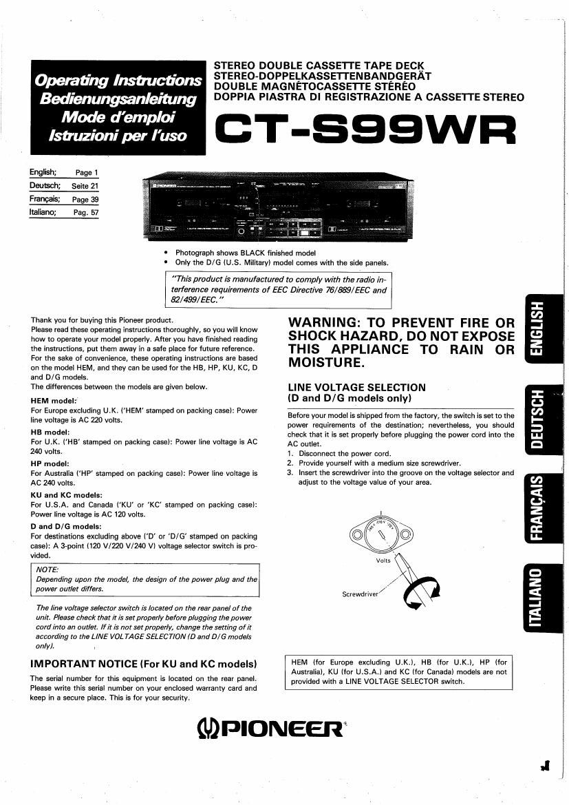 pioneer cts 99 wr owners manual
