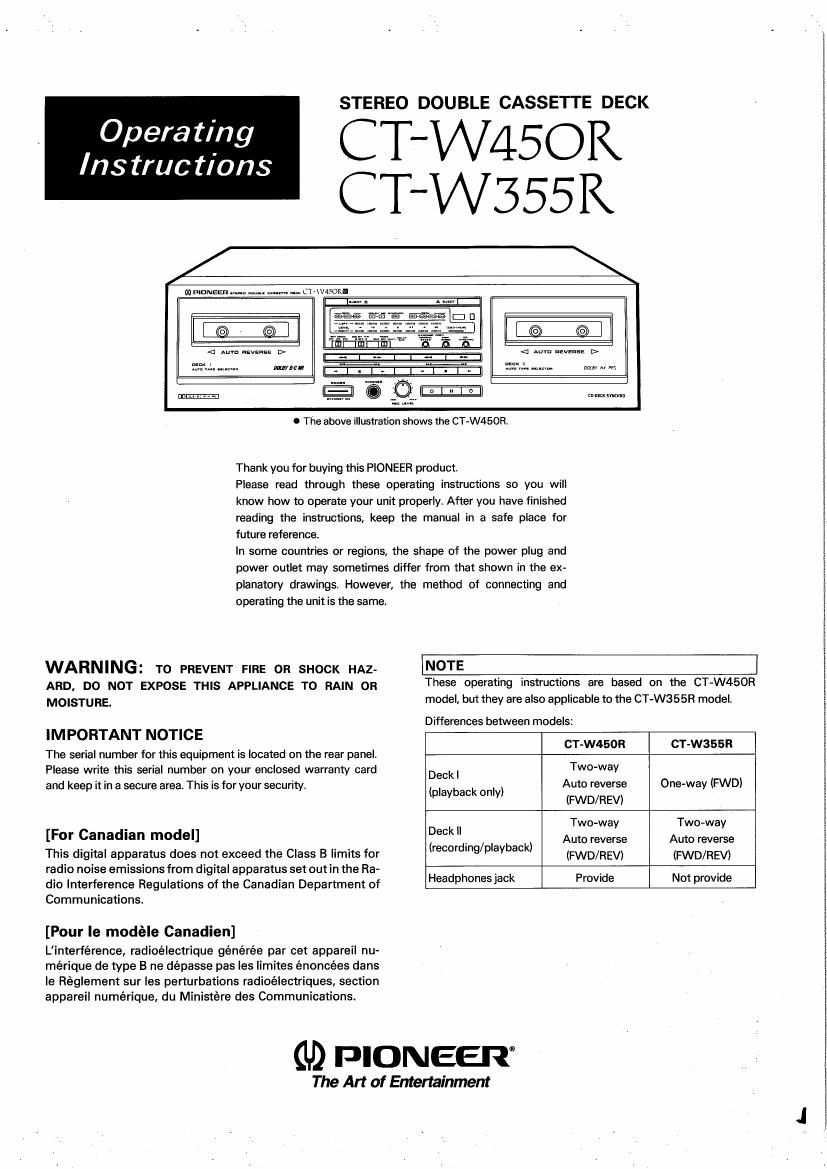 pioneer ctw 355 r owners manual
