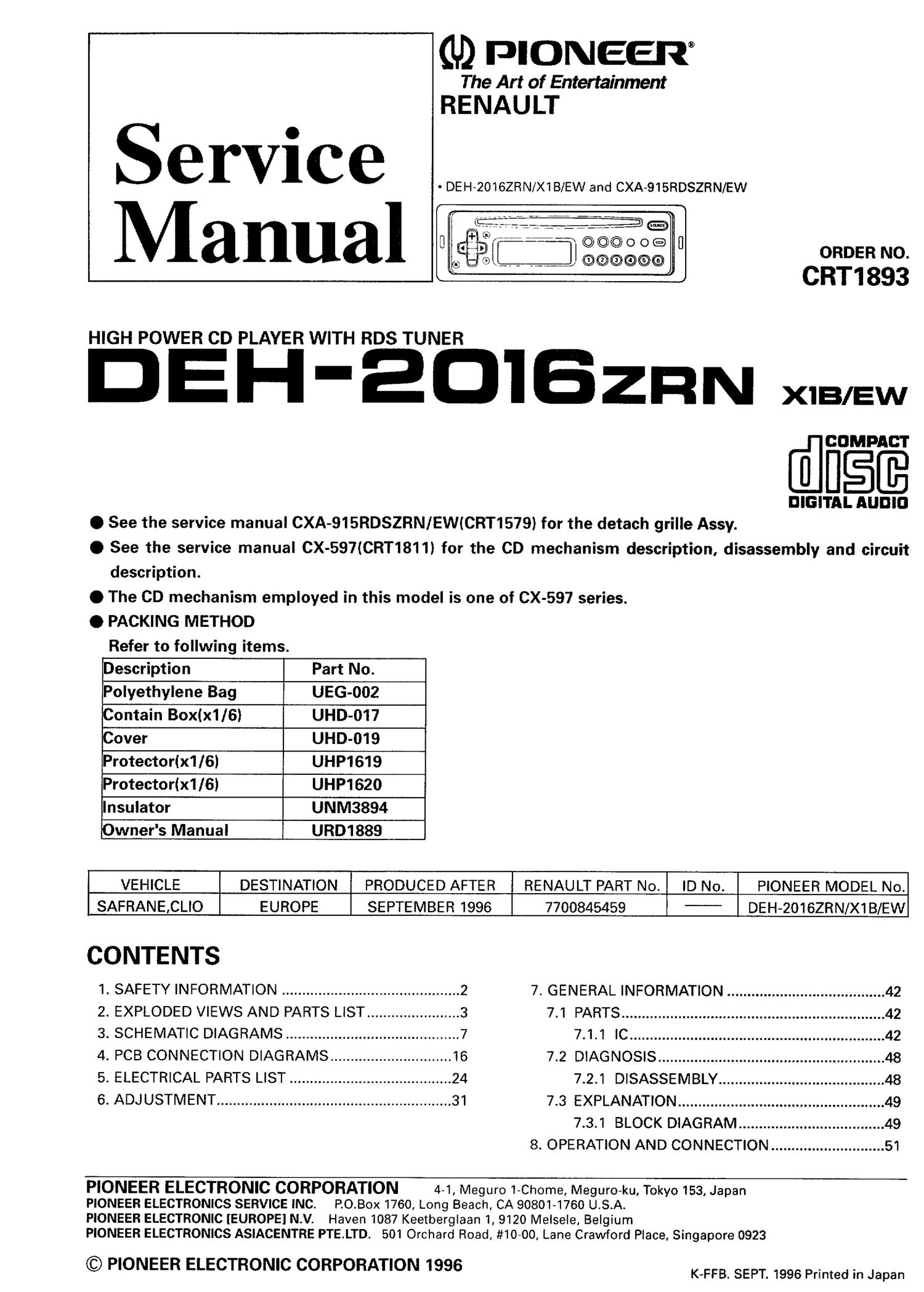 pioneer deh 2016 zrn service manual