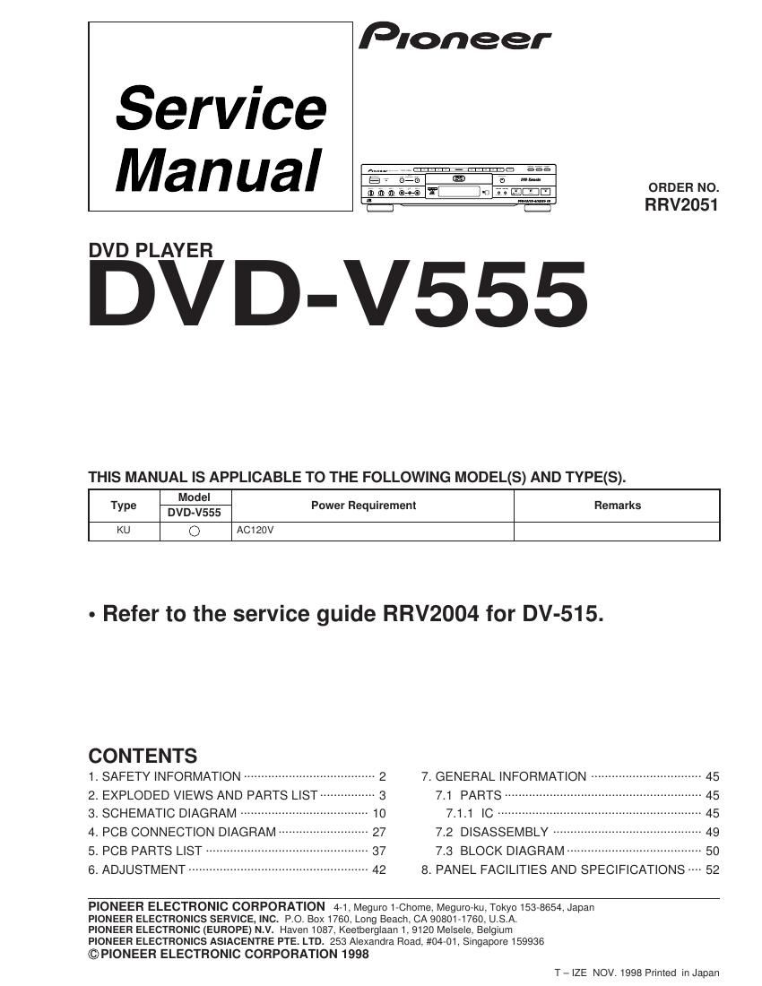 pioneer dvdv 555 service manual