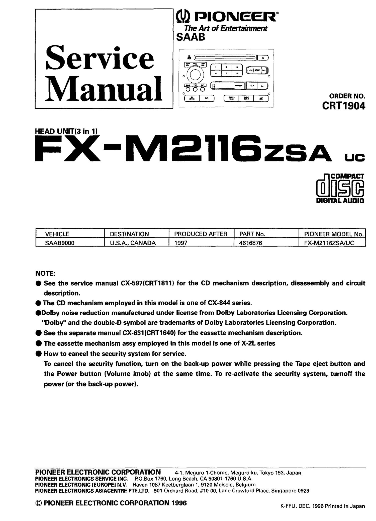 pioneer fxm 2116 service manual