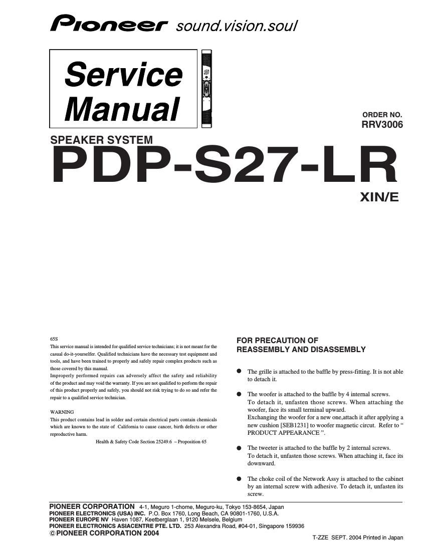 pioneer pdps 27 lr service manual