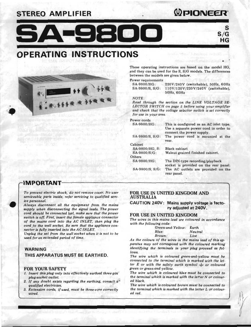 pioneer sa 9800 owners manual